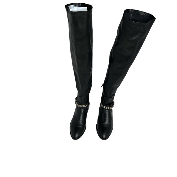Zara Shoes - Zara Trafaluc Over The Knee Tall Black Leather Boots Gold Studs Ankle Strap EU37
